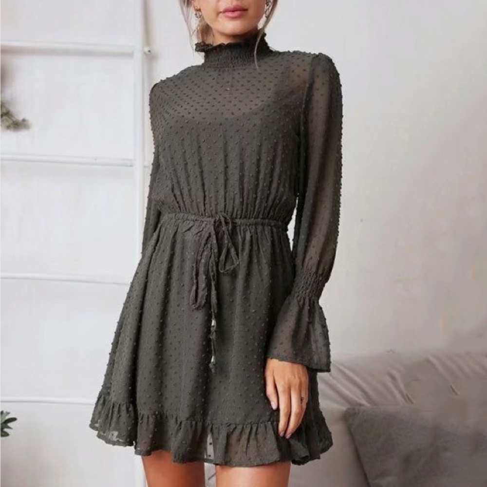 Mira Mock Neck Olive Tiered Mini Dress - Picture 2 of 6